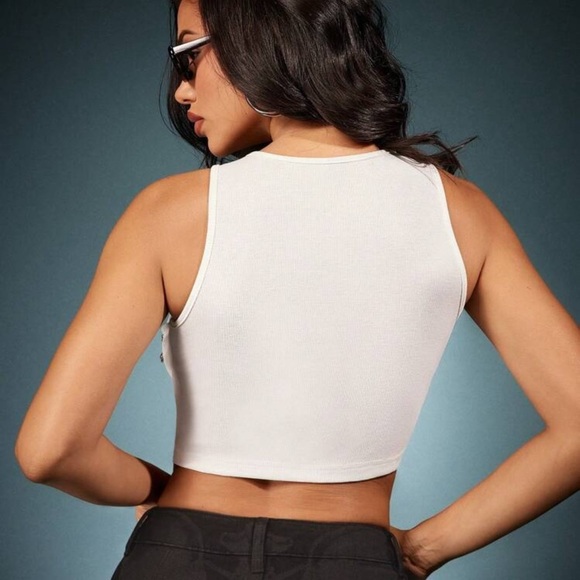 Denimoi Rhinestone Cross Charms Rib Knit Crop Tank Top - Picture 4 of 4